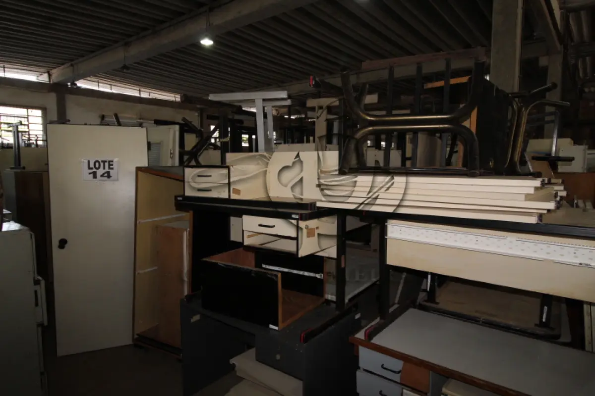 LOTE 014 - DIVERSOS MATERIAIS DE ESCRITÓRIO COMPOSTO DE: ARMÁRIOS EM MADEIRA, MESAS PARA ESCRITÓRIO, GAVETEIROS EM MADEIRA, ARQUIVOS EM MADEIRA, ESTAÇÕES DE TRABALHO, SUPORTES PARA CPU, MESAS PARA REFEITÓRIO, PÉS DE FERRO PARA MESA